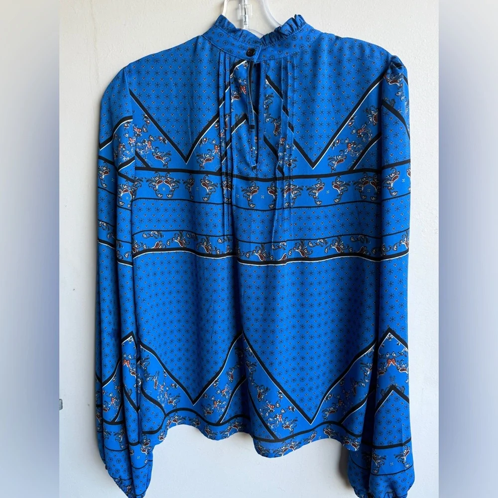 Boho Blue Blouse Balloon Sleeve Ruffle Neck Lightweight S